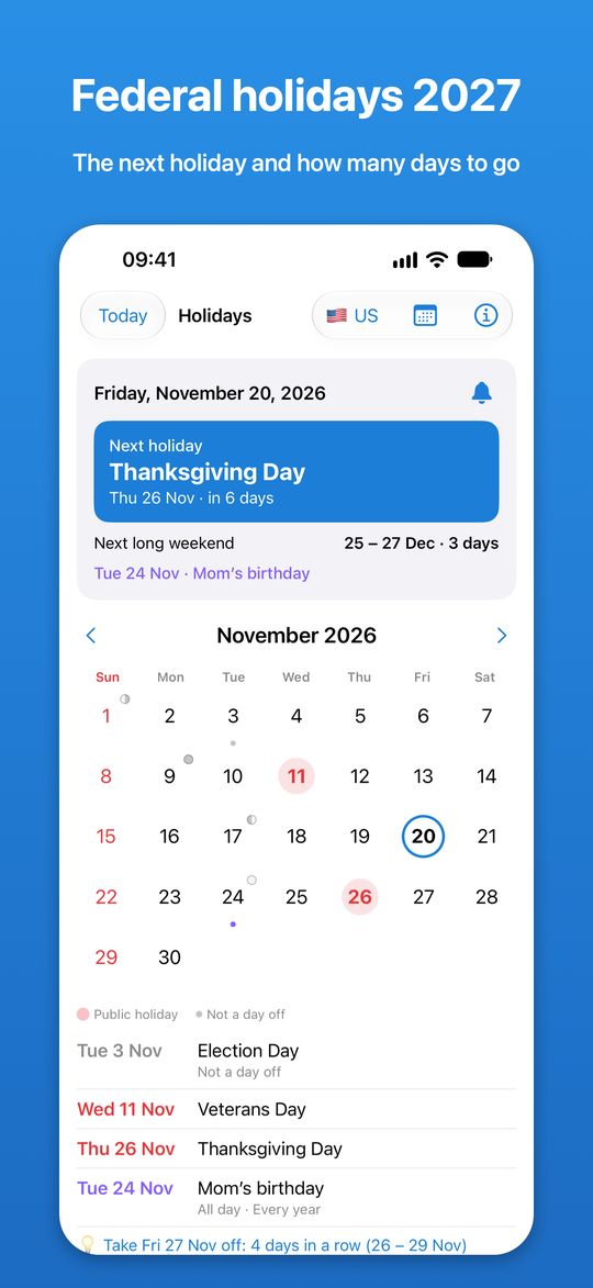 The app: the next holiday, the next long weekend and the month calendar