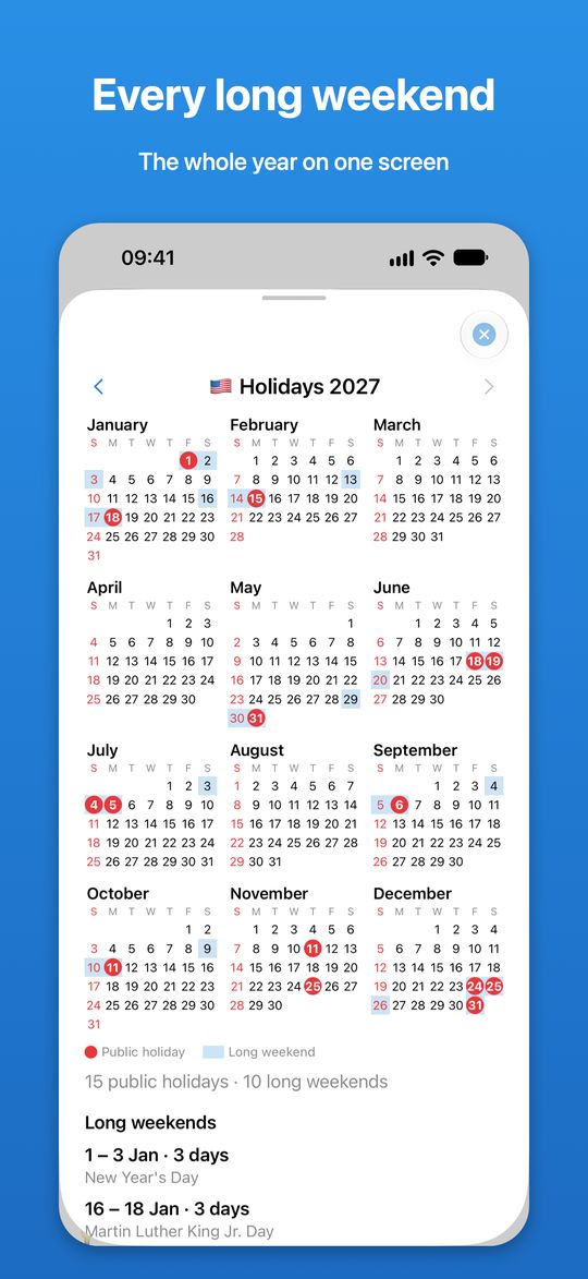 The whole year on one screen, with every holiday and long weekend