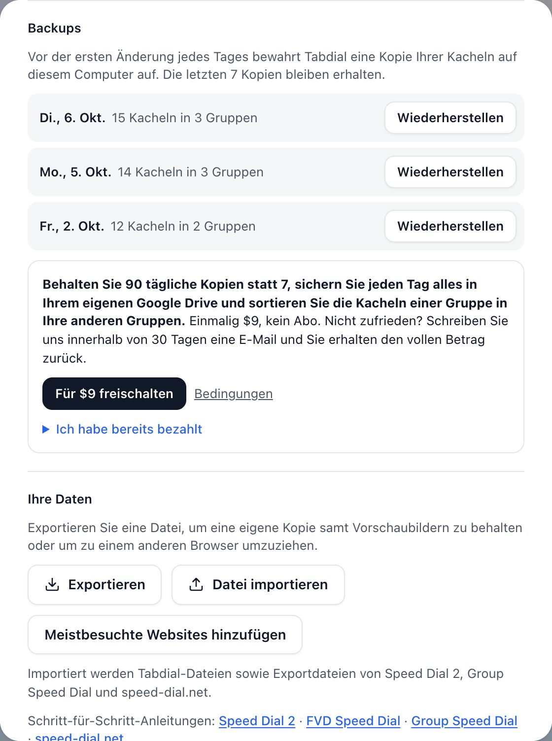 Backups in den Einstellungen: tägliche Kopien mit je einer Schaltfläche „Wiederherstellen“, darunter das Angebot „Für $9 freischalten“.