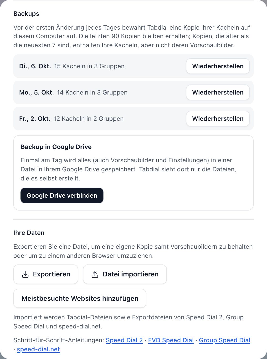 Backups nach der Freischaltung: 90 Kopien bleiben erhalten, und unter „Backup in Google Drive“ steht „Google Drive verbinden“.