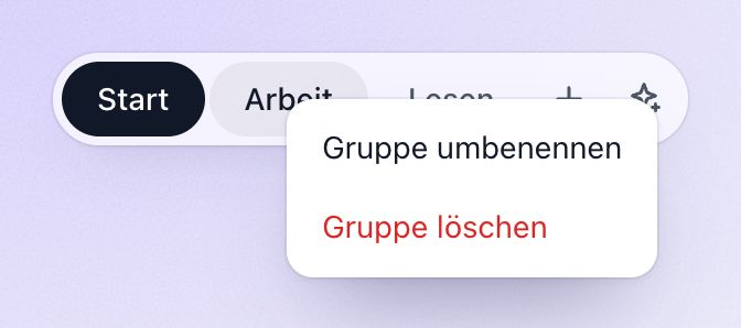 Das Kontextmenü einer Gruppe mit „Gruppe umbenennen“ und „Gruppe löschen“.