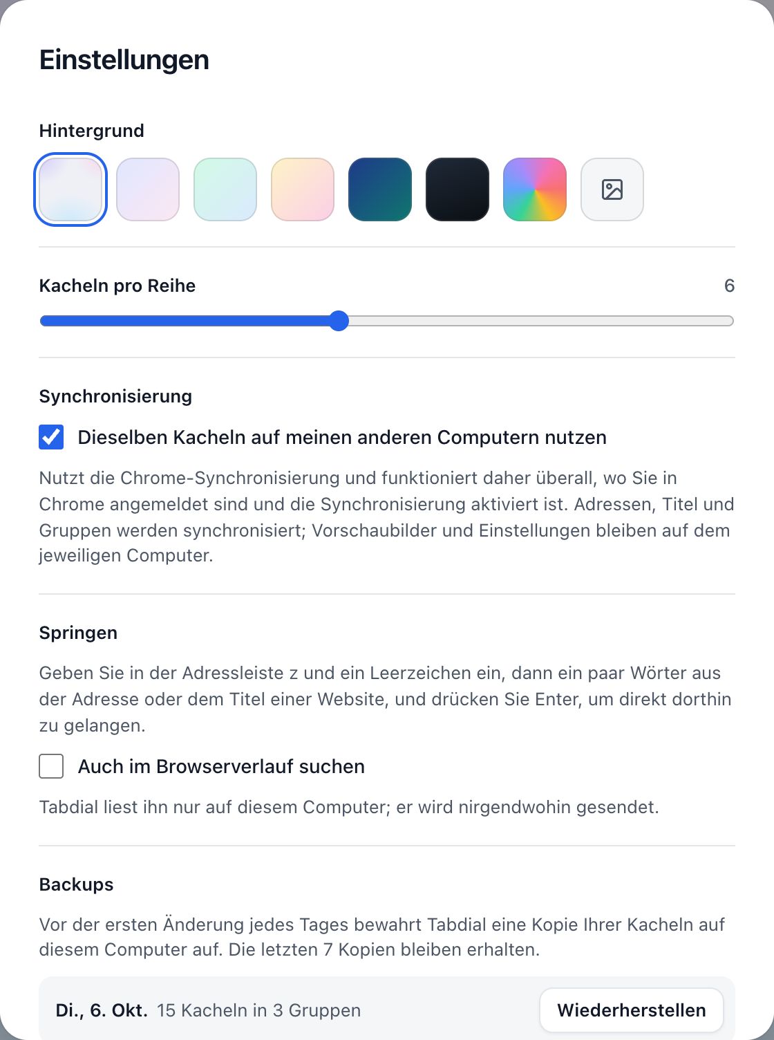 Der obere Teil der Einstellungen: Hintergrund, Kacheln pro Reihe, Synchronisierung und Springen.