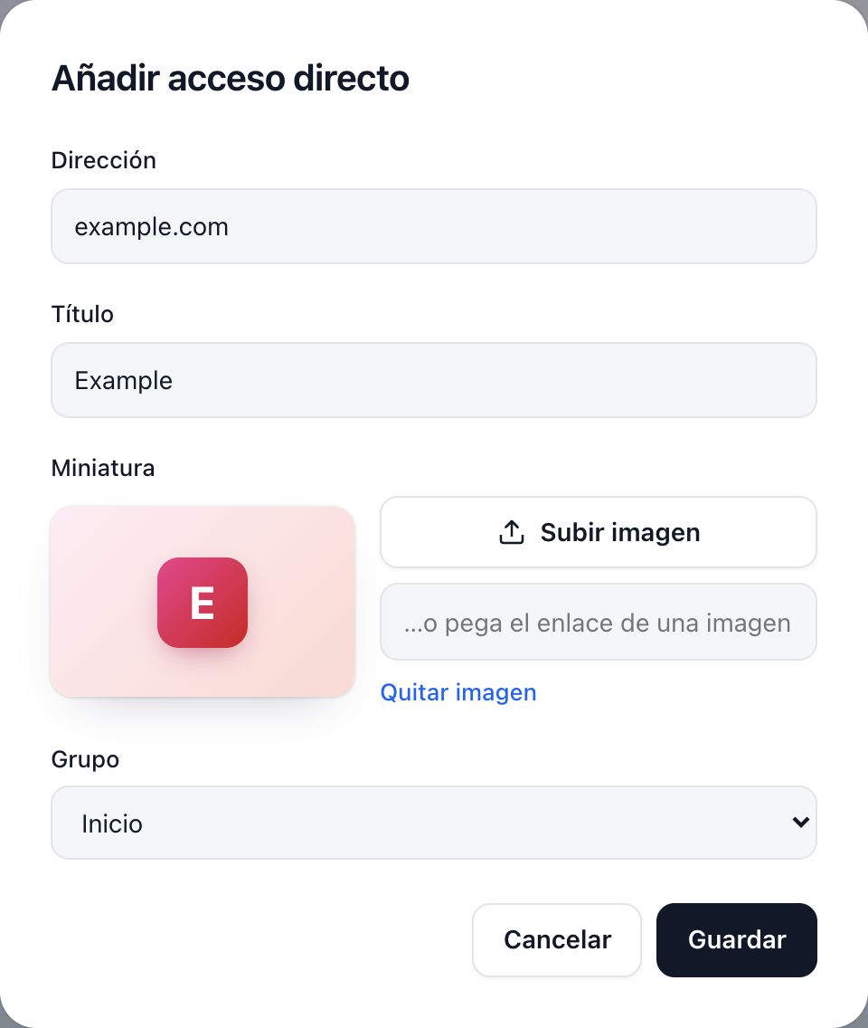 La ventana «Añadir acceso directo», con Dirección, Título, Miniatura y Grupo, y los botones Cancelar y Guardar.