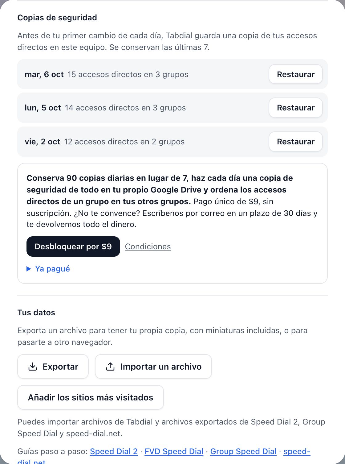 Copias de seguridad en Configuración: las copias diarias, cada una con su botón Restaurar, y debajo la oferta «Desbloquear por $9».