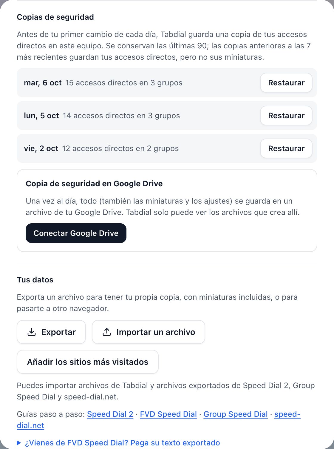 Copias de seguridad tras el desbloqueo: se guardan 90 copias y Copia de seguridad en Google Drive ofrece «Conectar Google Drive».