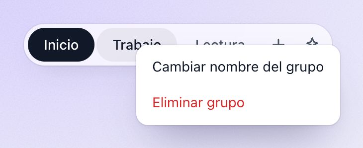 El menú del clic derecho de un grupo, con «Cambiar nombre del grupo» y «Eliminar grupo».
