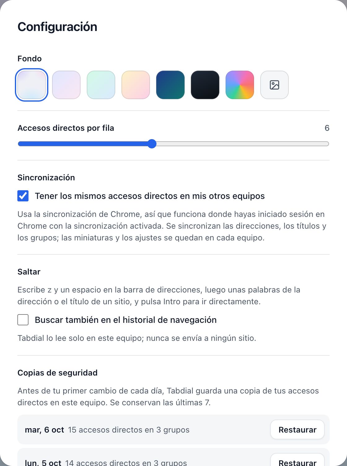 La parte superior de Configuración: Fondo, Accesos directos por fila, Sincronización y Saltar.