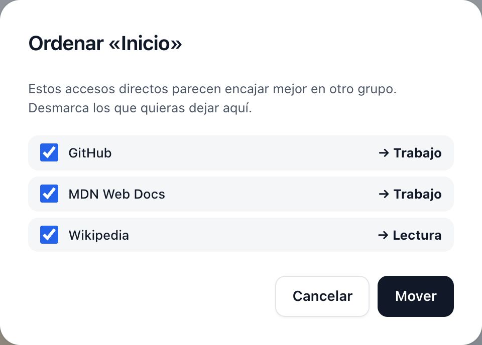 Las sugerencias de Ordenar: cada acceso directo con el grupo al que pasaría, marcado, y un botón Mover.