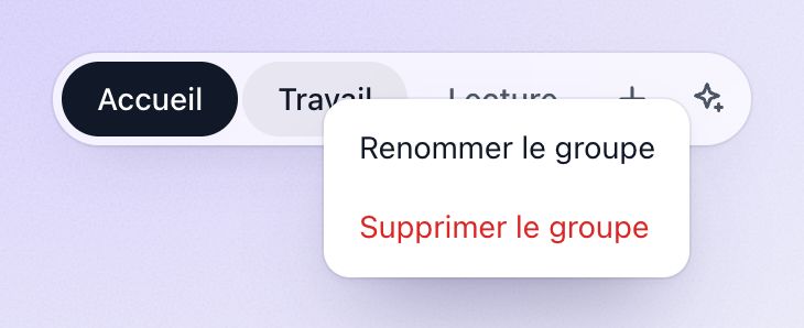 Le menu du clic droit sur un groupe, avec « Renommer le groupe » et « Supprimer le groupe ».
