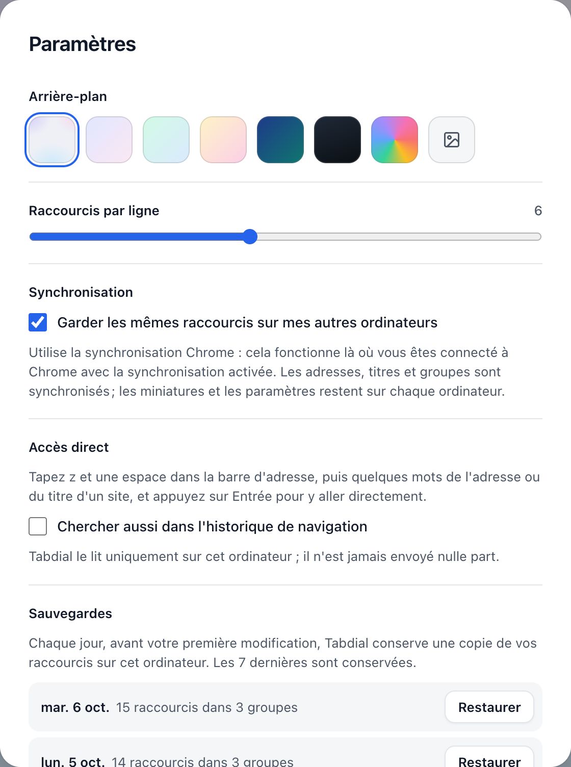 Le haut des Paramètres : Arrière-plan, Raccourcis par ligne, Synchronisation et Accès direct.