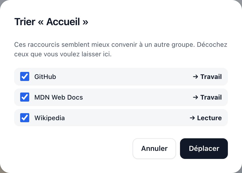 Les suggestions de tri : chaque raccourci avec le groupe où il irait, coché, et un bouton Déplacer.