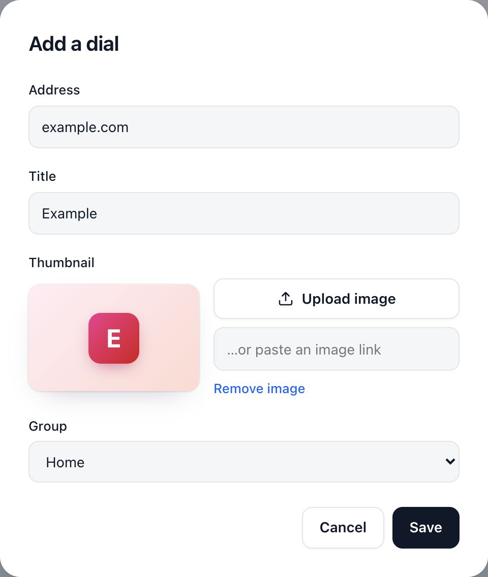 The Add a dial dialog, with Address, Title, Thumbnail and Group, and Cancel and Save.