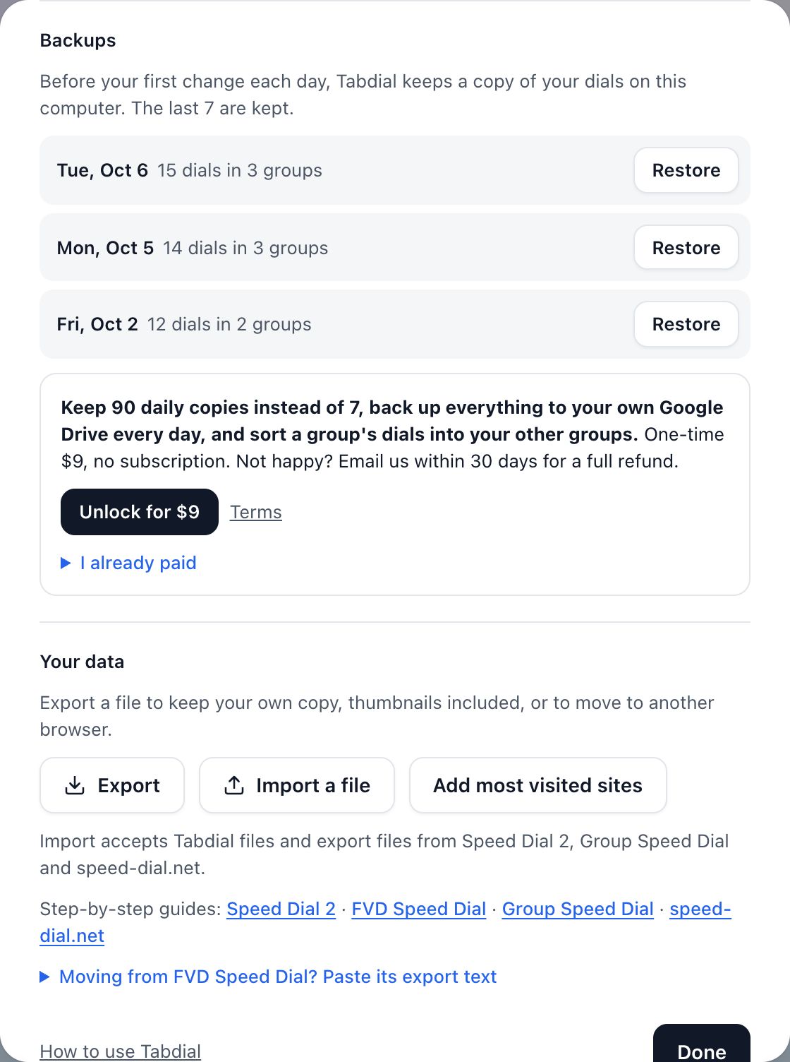 Backups in Settings: daily copies with a Restore button each, and below them the offer to unlock for $9.