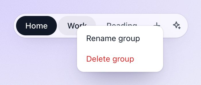 A group's right-click menu, with Rename group and Delete group.