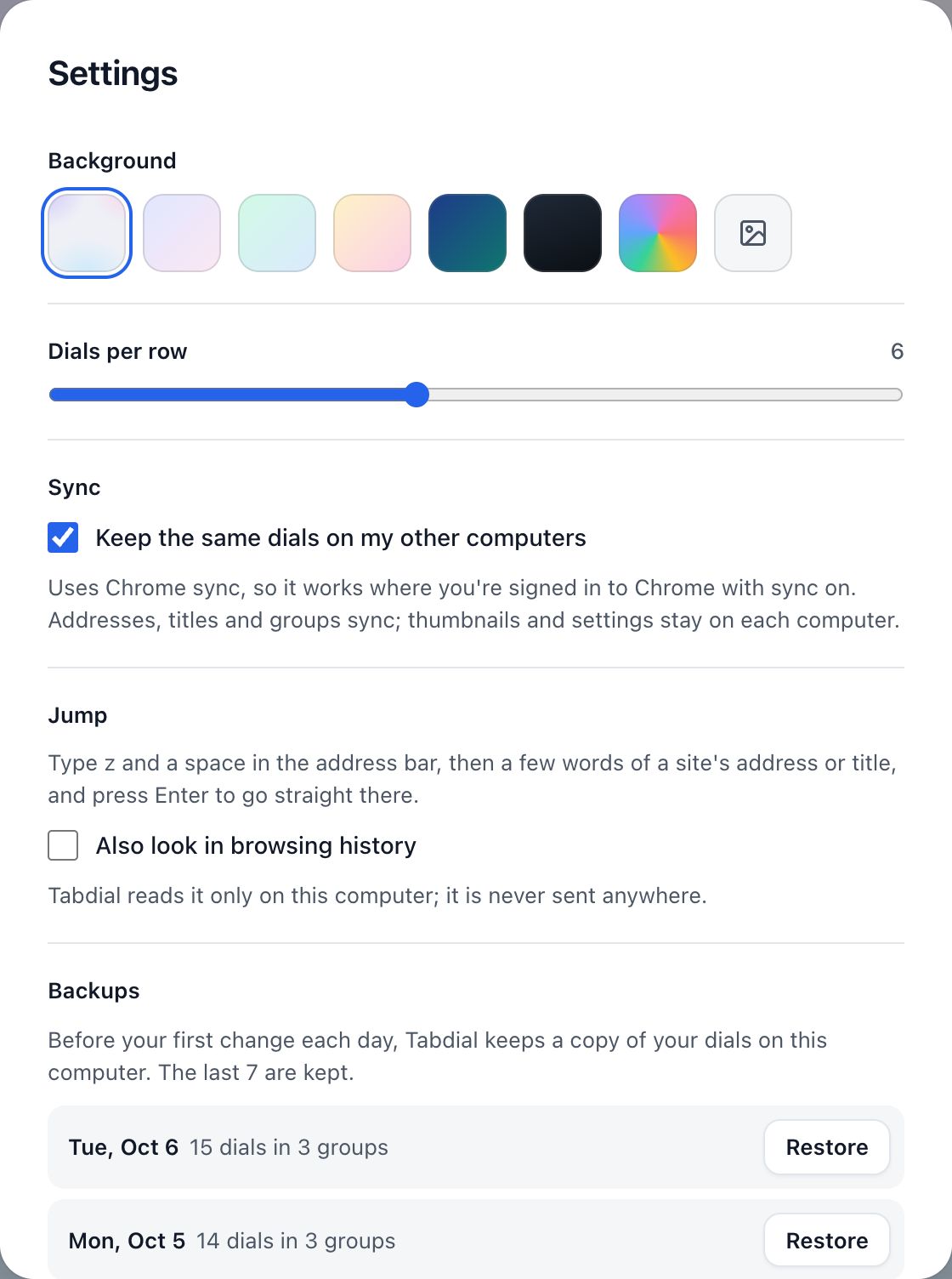 The top of Settings: Background, Dials per row, Sync and Jump.