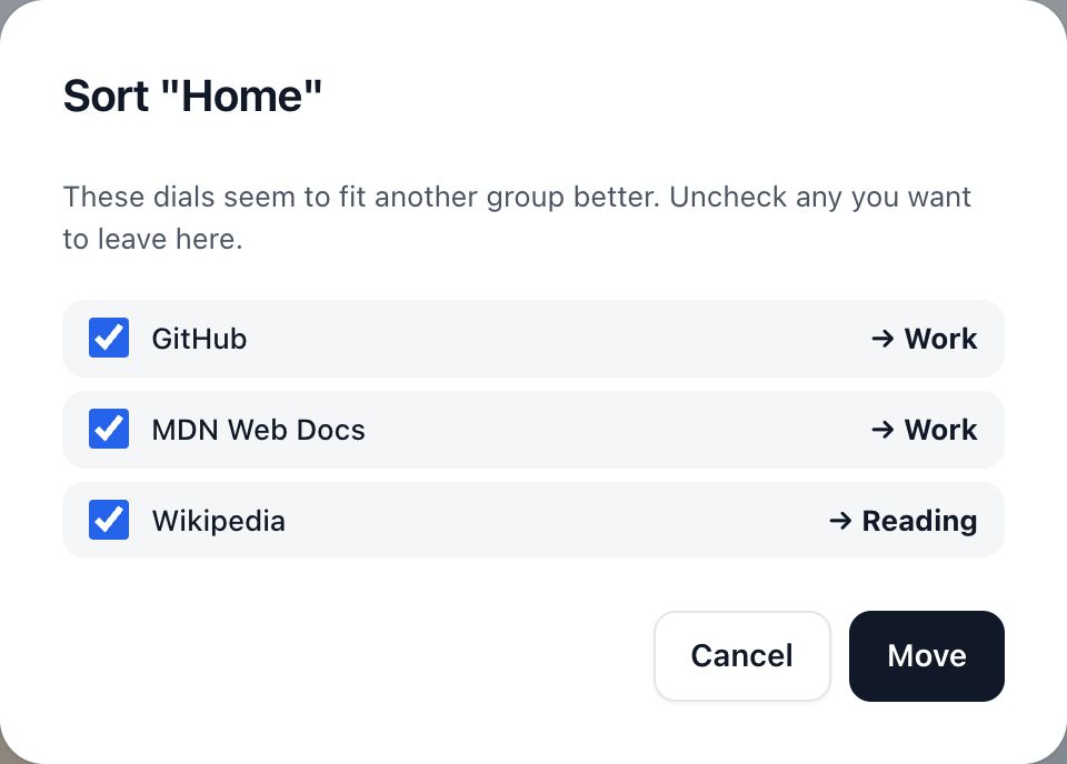 Sort suggestions: each dial with the group it would move to, checked, and a Move button.