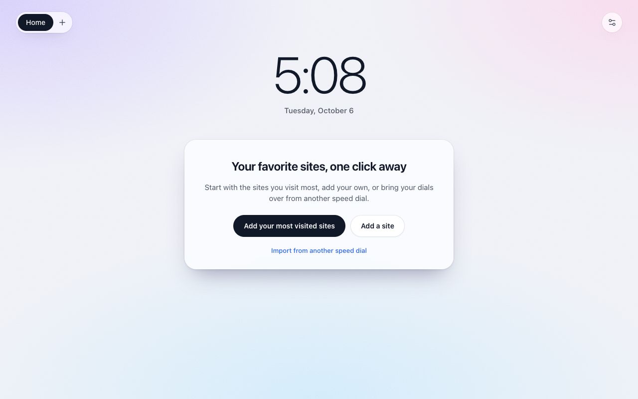 Tabdial's first new tab: Your favorite sites, one click away, with Add your most visited sites, Add a site and Import from another speed dial.