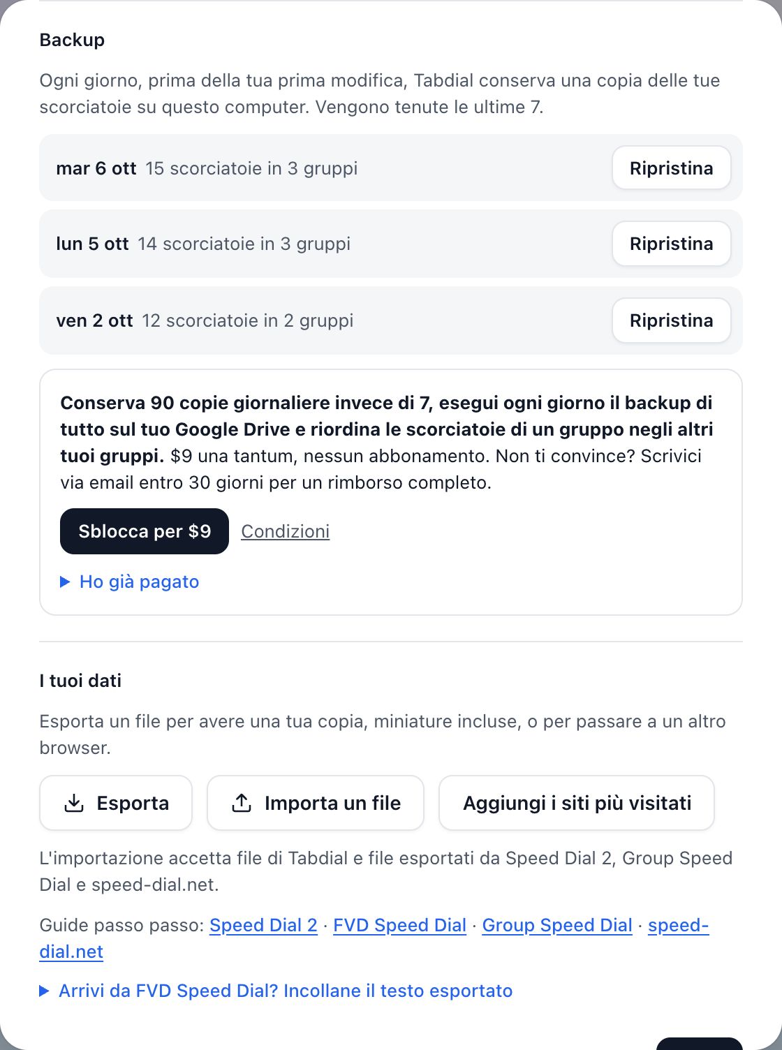 Backup in Impostazioni: le copie giornaliere, ognuna con il pulsante Ripristina, e sotto l'offerta «Sblocca per $9».