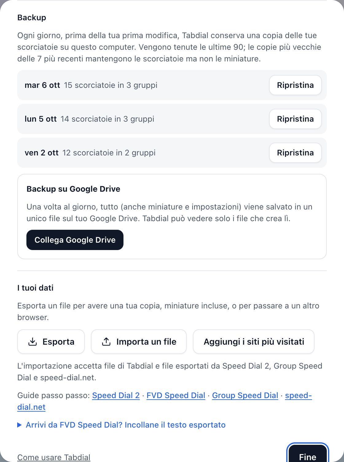 Backup dopo lo sblocco: vengono conservate 90 copie e Backup su Google Drive propone «Collega Google Drive».
