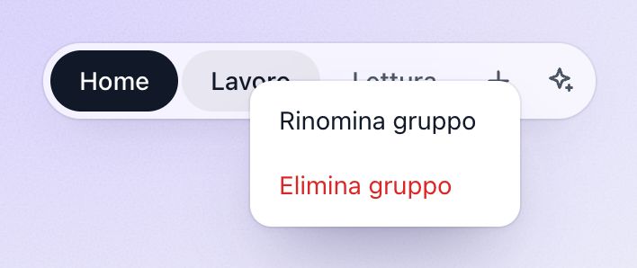 Il menu del clic destro su un gruppo, con «Rinomina gruppo» e «Elimina gruppo».