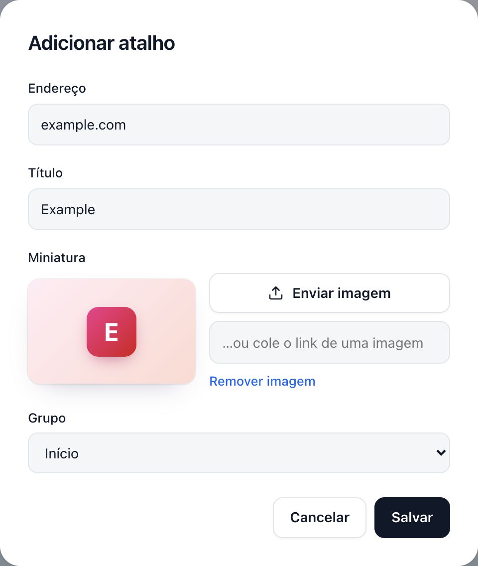 A janela “Adicionar atalho”, com Endereço, Título, Miniatura e Grupo, e os botões Cancelar e Salvar.
