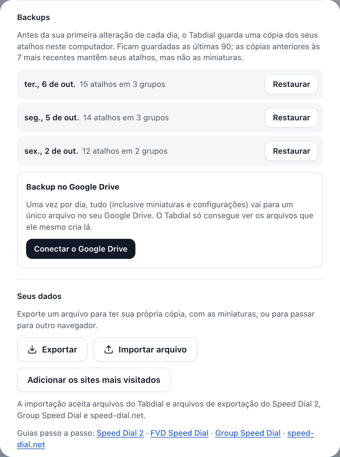 Backups depois do desbloqueio: 90 cópias são mantidas, e Backup no Google Drive oferece “Conectar o Google Drive”.