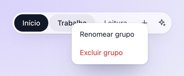 O menu do clique com o botão direito em um grupo, com “Renomear grupo” e “Excluir grupo”.