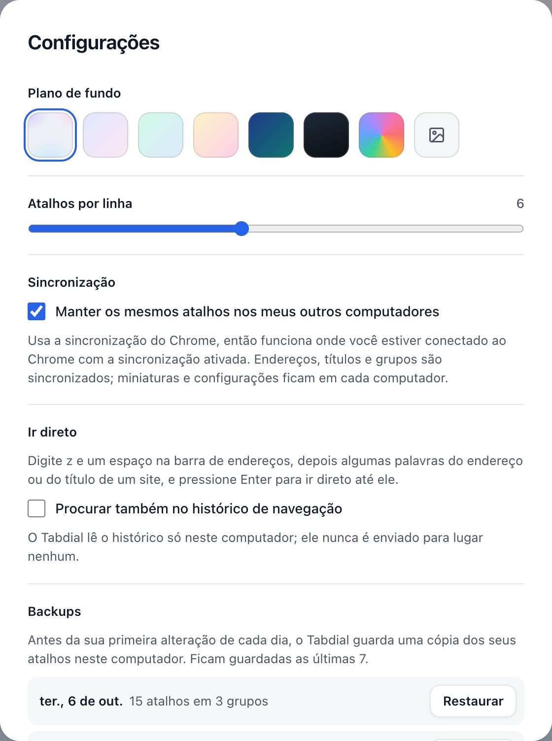 A parte de cima de Configurações: Plano de fundo, Atalhos por linha, Sincronização e Ir direto.