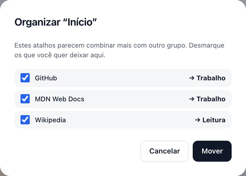 As sugestões de Organizar: cada atalho com o grupo para onde iria, marcado, e um botão Mover.