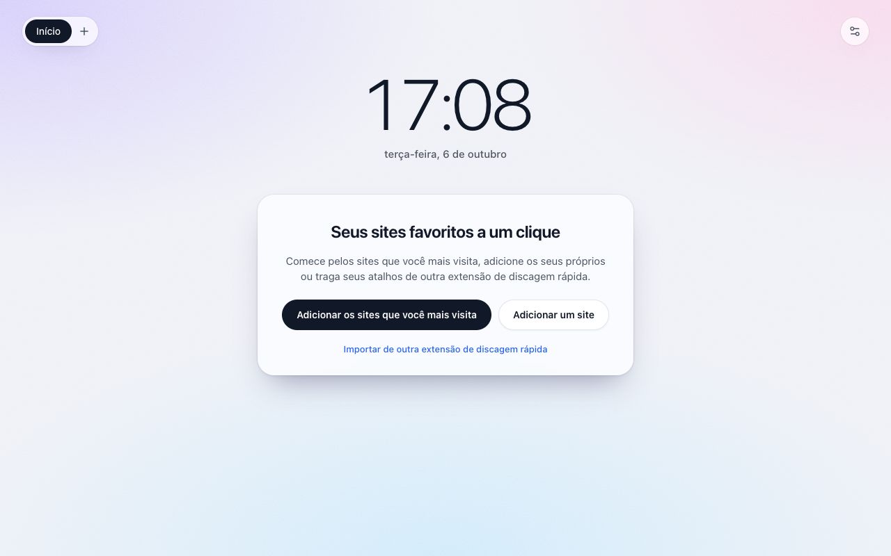 A primeira nova guia do Tabdial: “Seus sites favoritos a um clique”, com “Adicionar os sites que você mais visita”, “Adicionar um site” e “Importar de outra extensão de discagem rápida”.